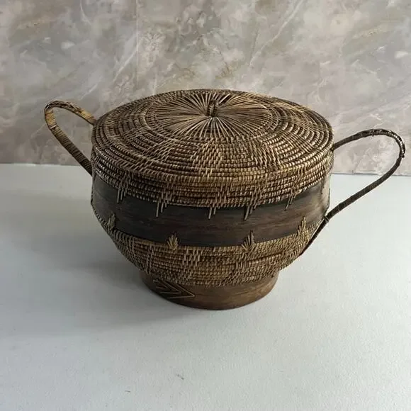 Hand-woven Basket With Lid 7 Tall Rattan and Wood Double Handles